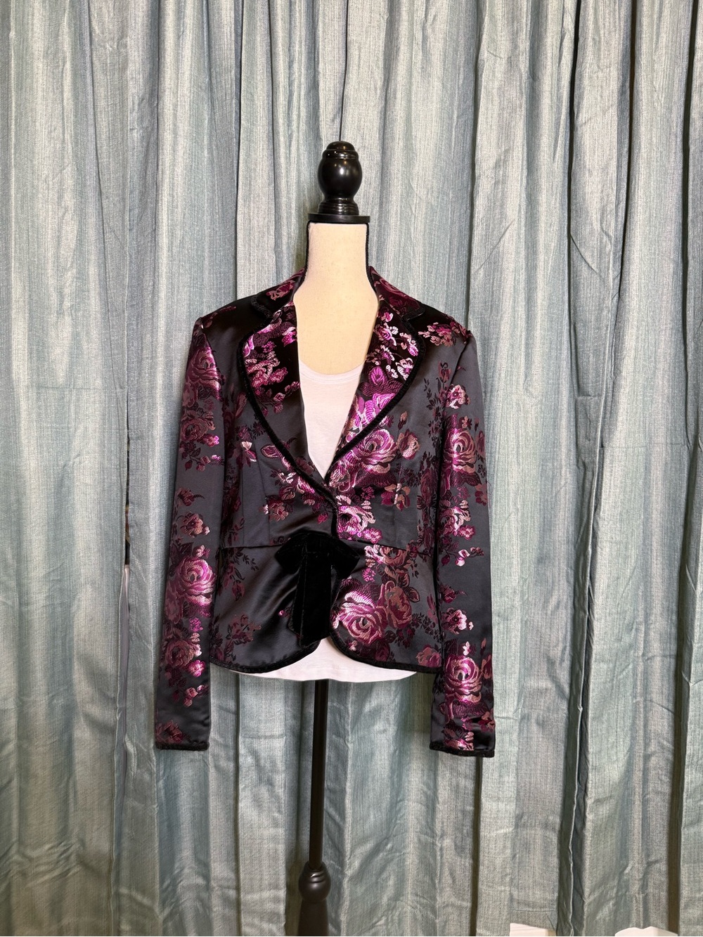 Ice Black Satin Blazer with Purple Floral Jacquard